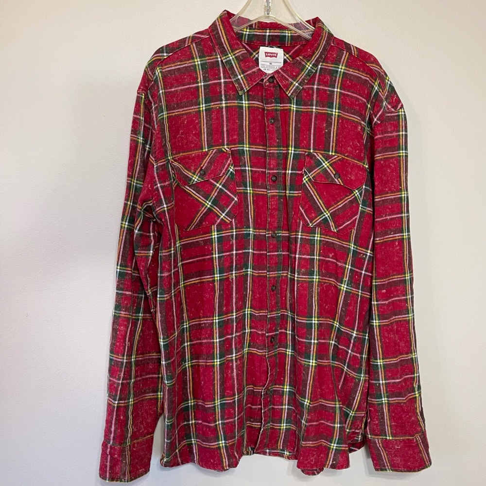 Levi's Men's XXL Red Green Yellow‎ Plaid Long Sleeve Button Up Shirt Pockets